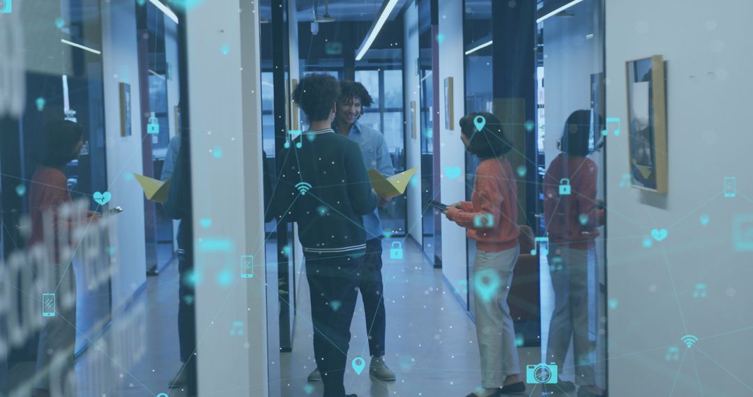 Team Discussing in Modern Office with Digital Overlay