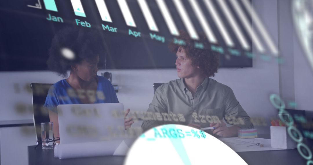 Data Analysis Meeting with Digital Interface Overlay