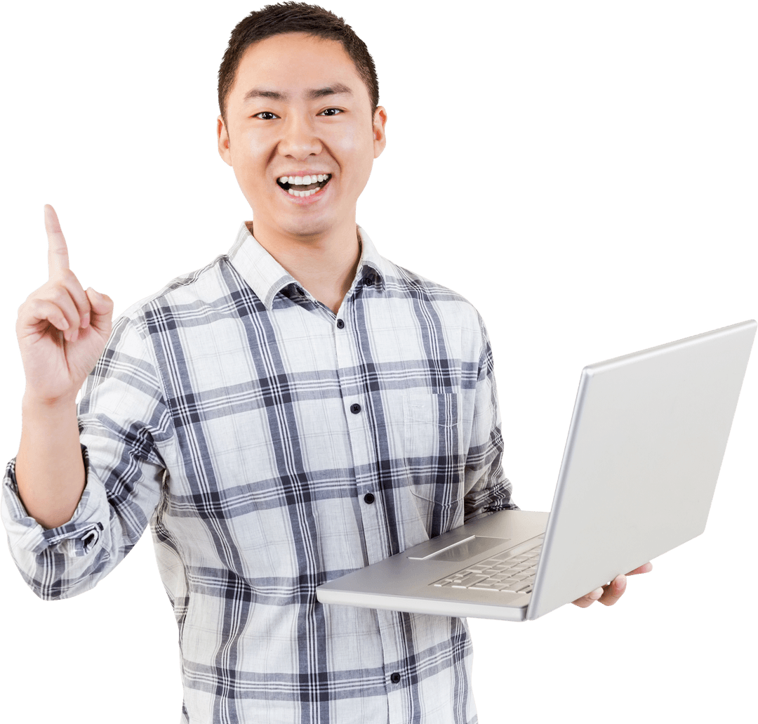Transparent Tech-Savvy Man Holding Laptop Enthusiastically