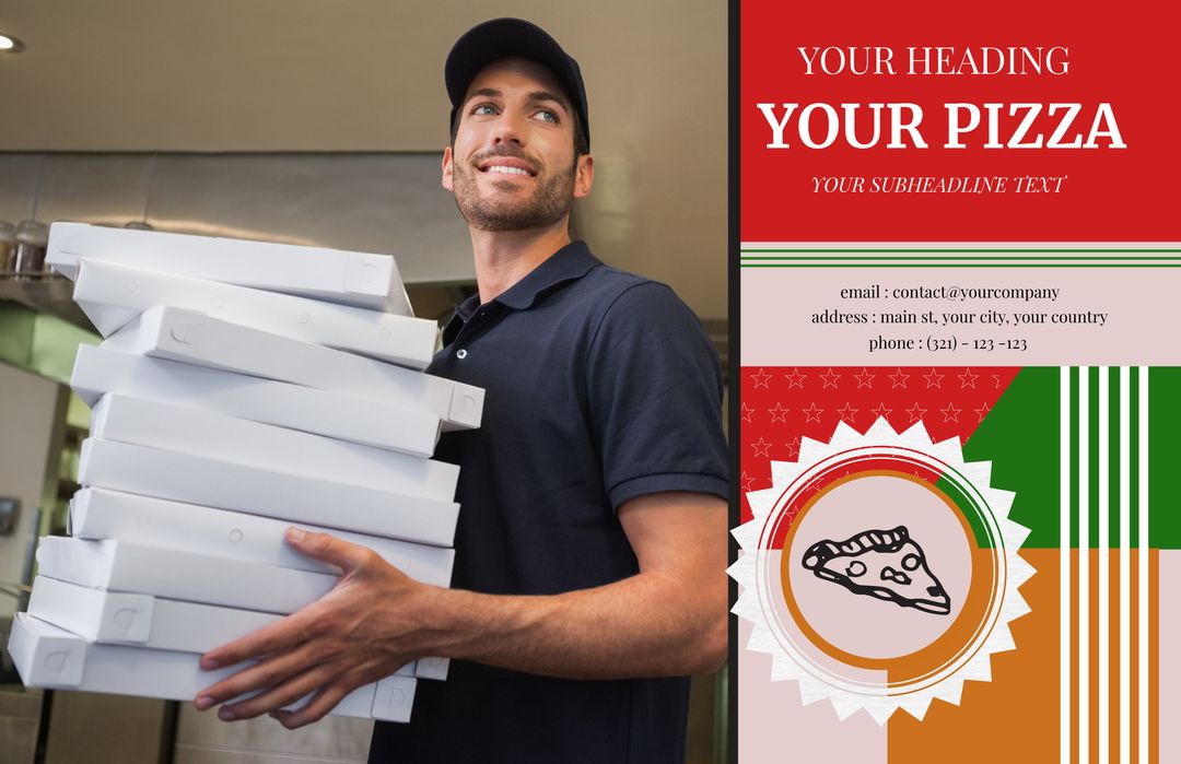 Smiling Pizza Delivery Worker Holding Boxes in Pizzeria