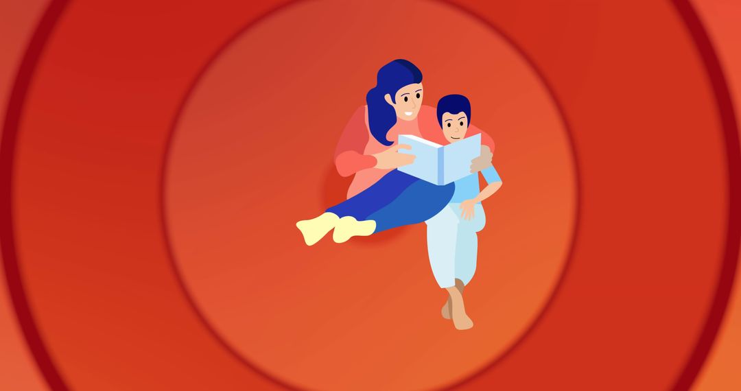 Mother and Child Reading Together in Vibrant Abstract Art