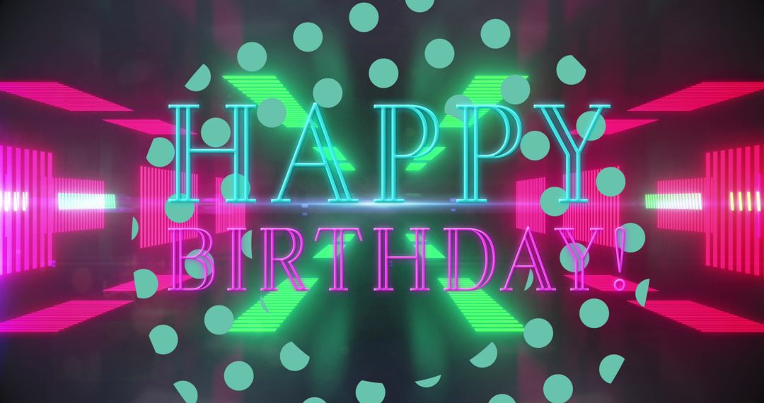 Glowing Neon Happy Birthday Text with Futuristic Stage