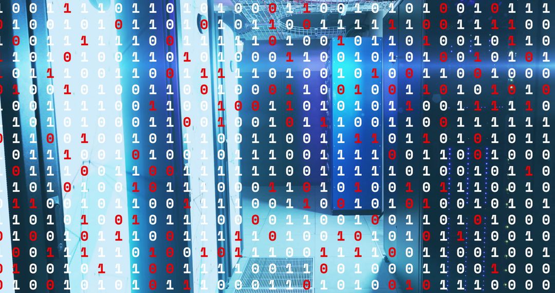 Binary Code Overlay on Server Room Data Technology and Cybersecurity