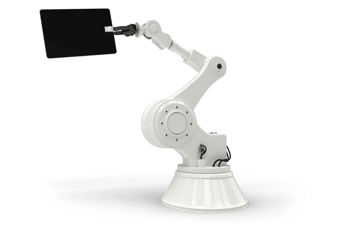 Futuristic Industrial Robot Arm Holding Transparent Tablet