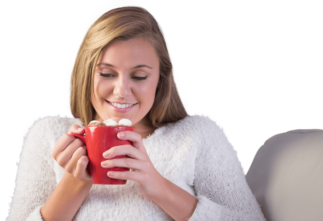Smiling Woman Drinking Hot Chocolate with Red Mug on Couch Transparent Background