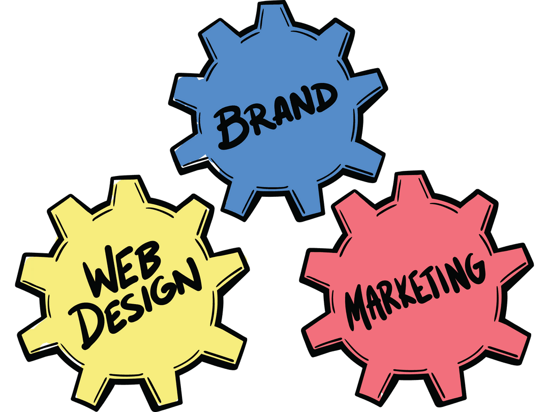 Colorful Cogs Representing Design, Brand, Marketing on Transparent