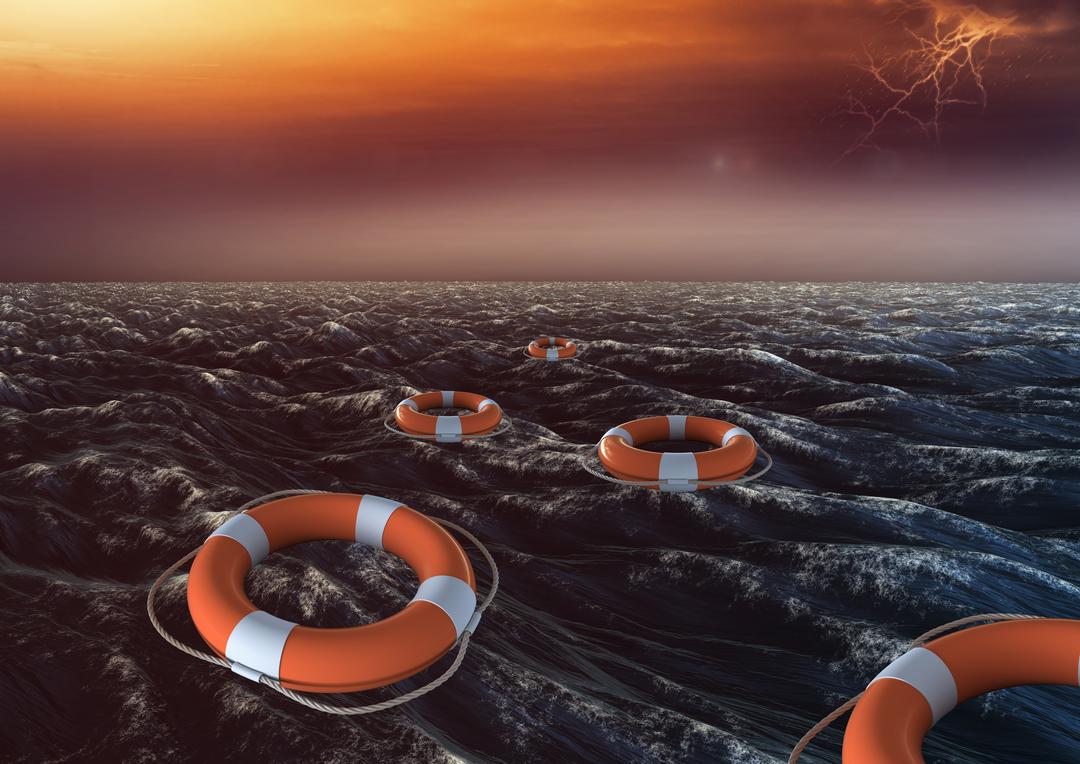 Lifebuoys Floating on Rough Sea During Storm at Sunset - Free Images, Stock Photos and Pictures on Pikwizard.com