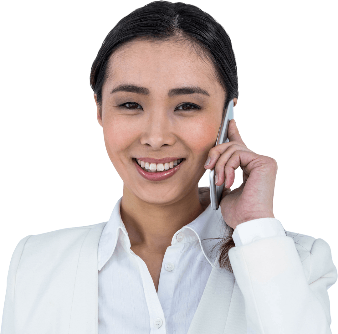 Transparent Confident Asian Businesswoman Smiling with Smartphone