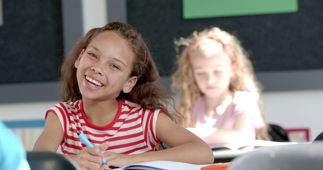 Diverse Classroom Enchantment: Happy Girls Learning, Writing in Classroom
