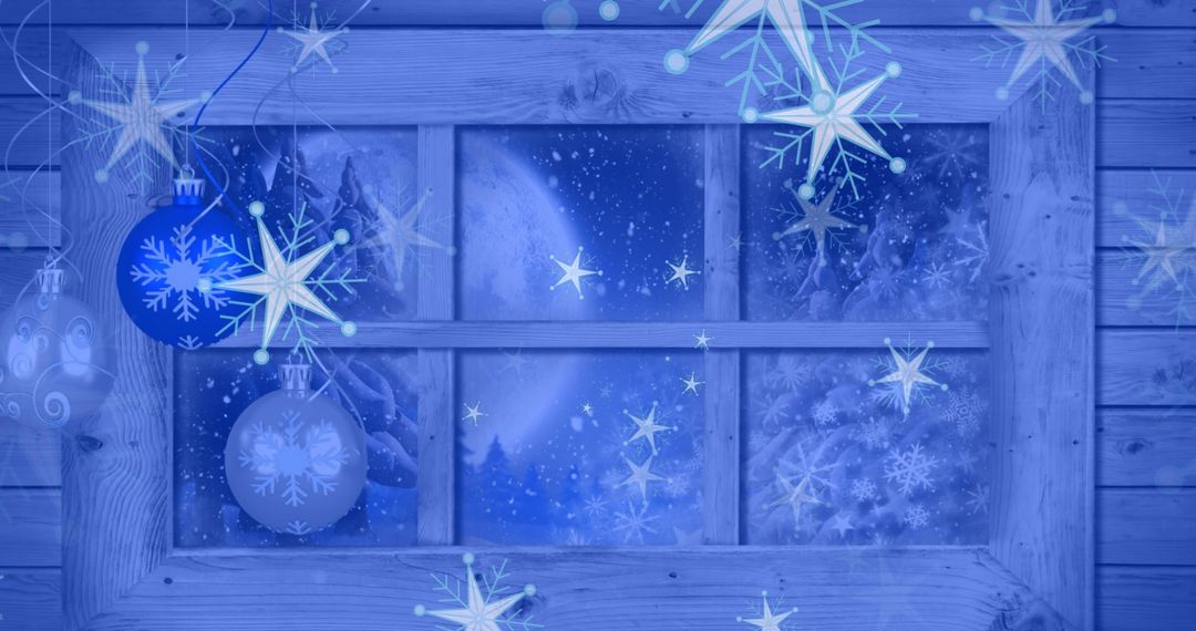 Frozen Cabin Window with Snowflake Decorations in Moonlit Night