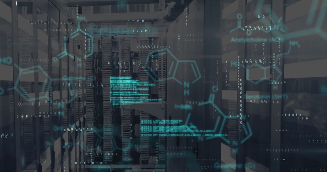 Futuristic Server Room with Digital Chemical Data Overlay