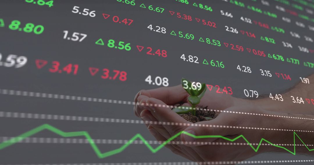 Hands Holding Seedling with Financial Data Overlay Illustrating Growth