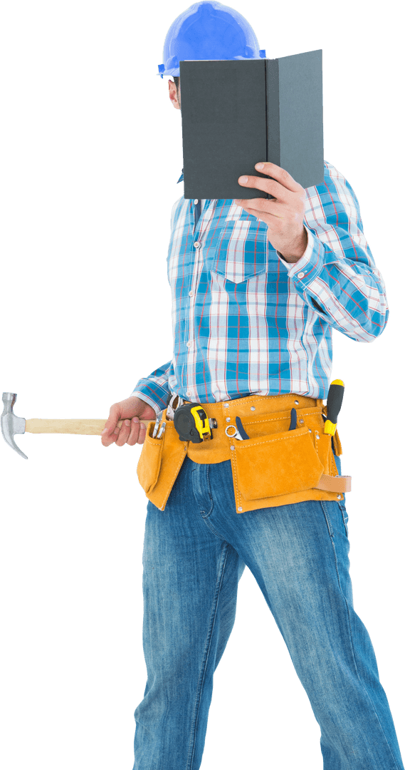 Transparent Carpenter Reading Book While Holding Hammer