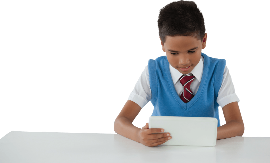 Transparent background of schoolboy using tablet