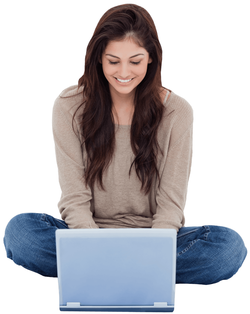 Smiling Brunette Sitting Cross-Legged Using Transparent Laptop