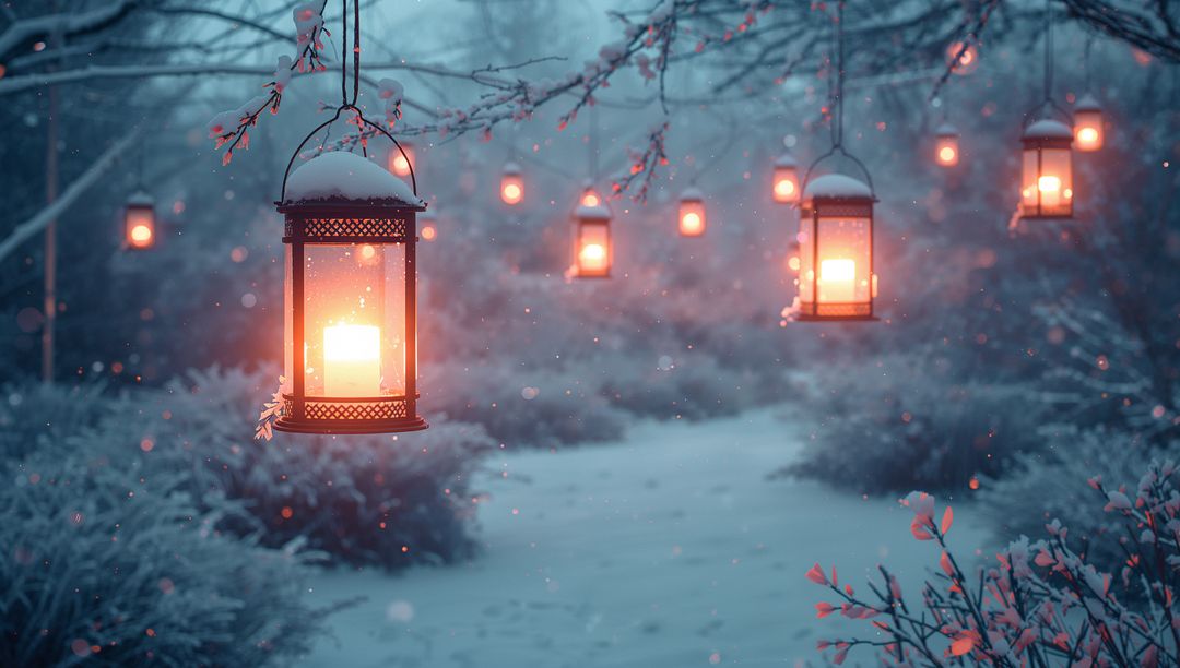 Glowing Lanterns Illuminating Snowy Forest Pathway