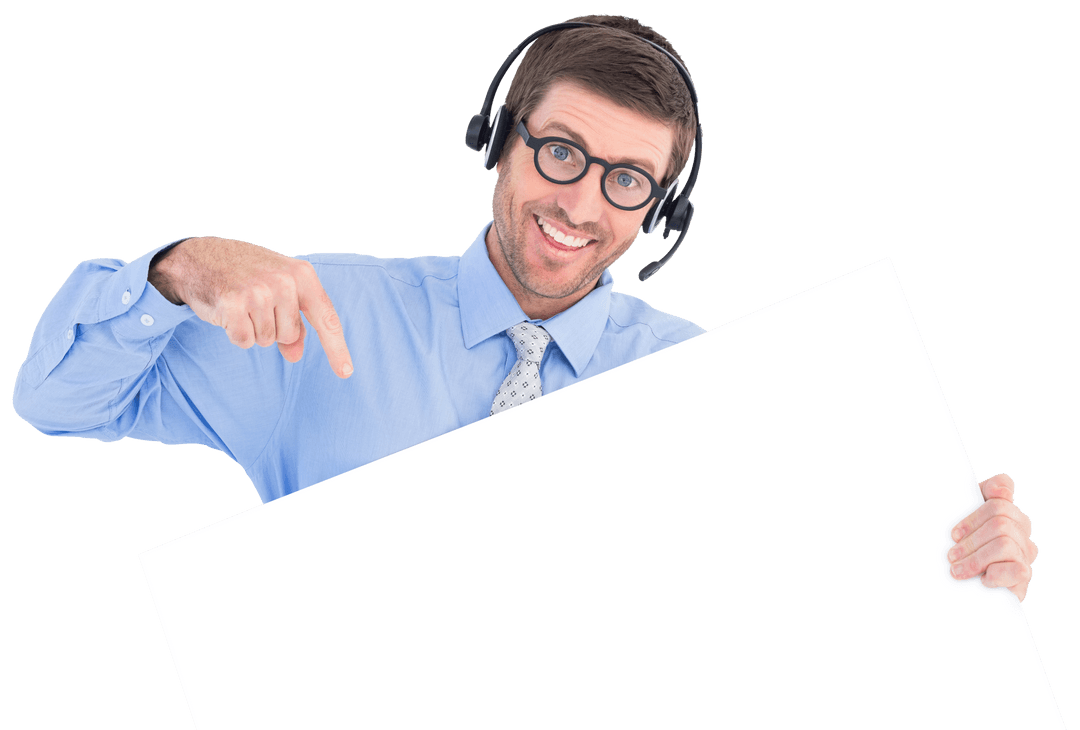 Smiling Businessman Holding Blank Sign With Headset On