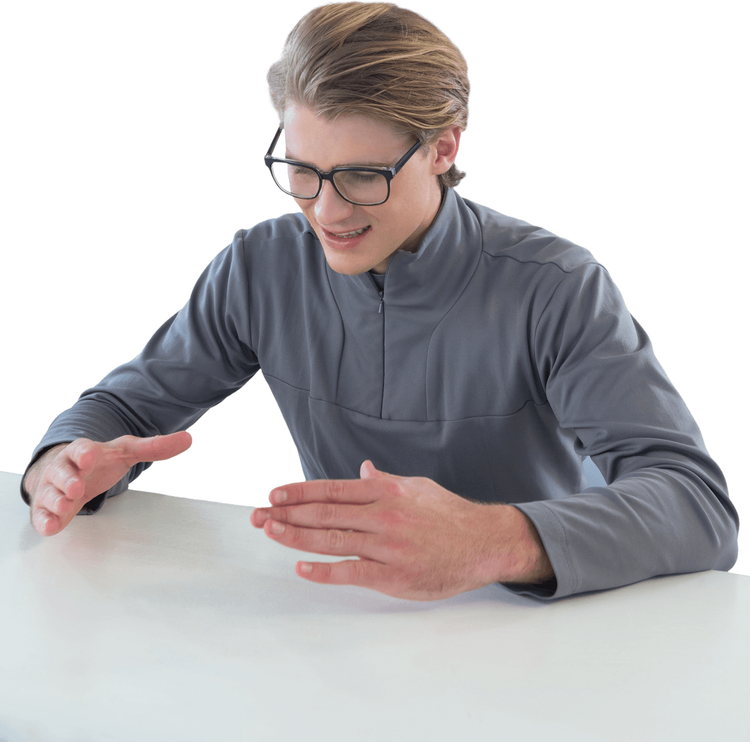 Businessman Wearing Eyeglasses Examining Transparent Product