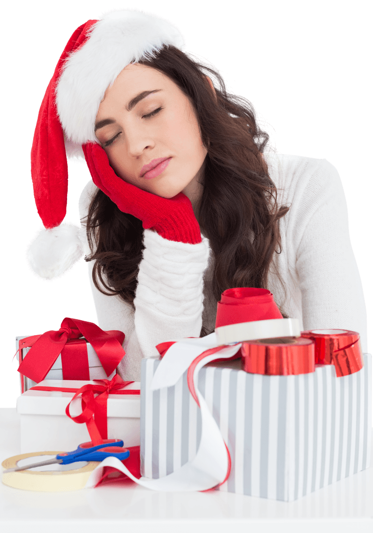 Woman Napping in Santa Hat with Wrapped Christmas Gifts Talking Bout Coco