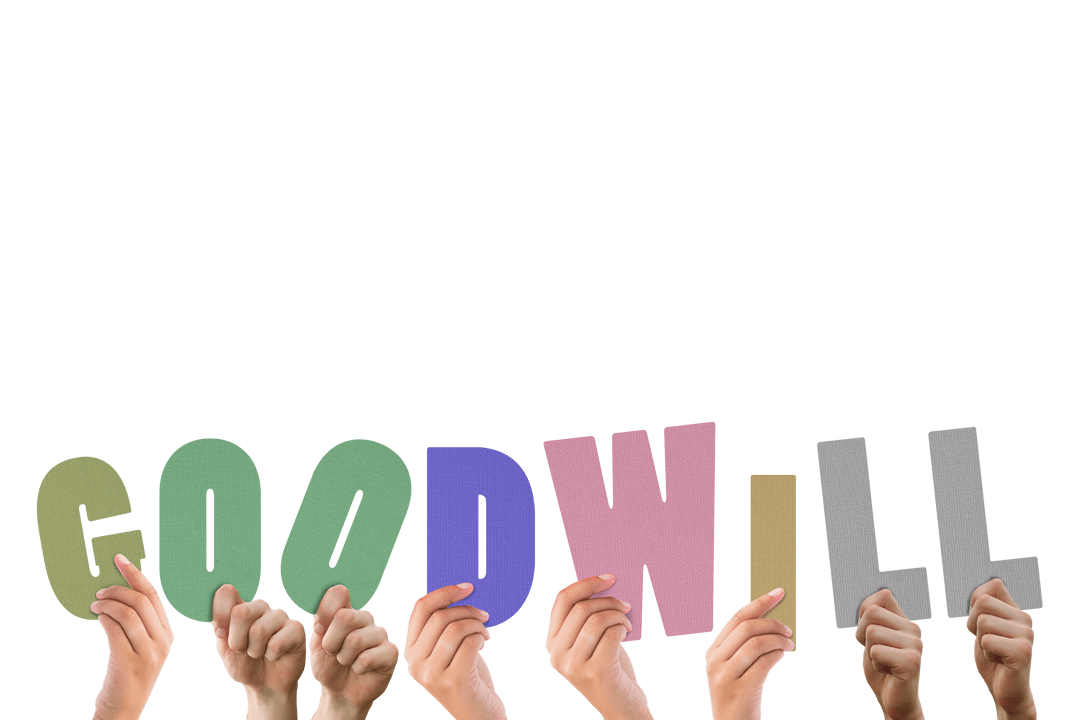 Transparent Hands Holding Colorful Word Goodwill Against White