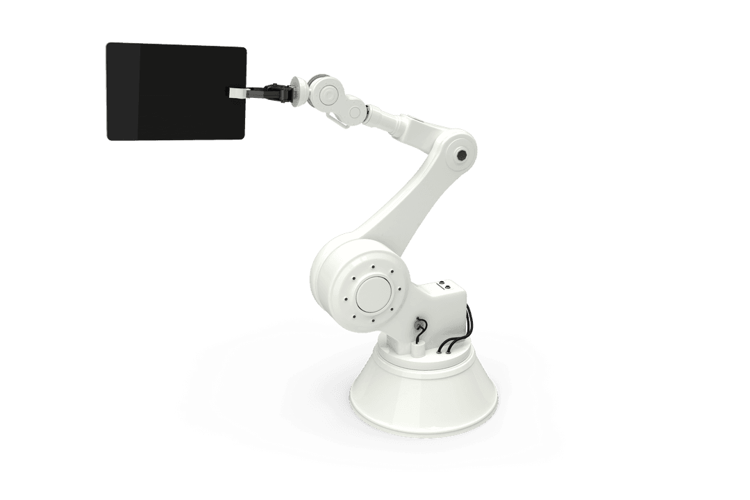 White Robot Arm Holding Tablet on Transparent Background