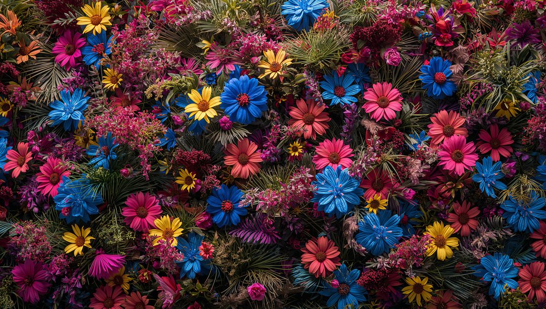 Vibrant Multicolor Daisy Carpet with Fern Foliage for Bold Branding, Packaging, and Textiles