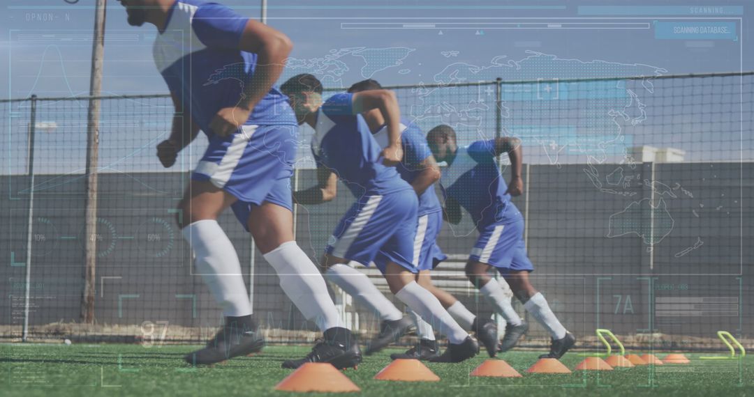 Football Players Training with Digital Interface Overlay