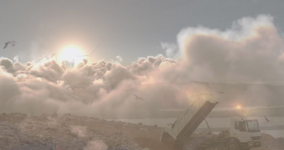 Trucks Unloading Garbage at Sunset with Birds in Flight