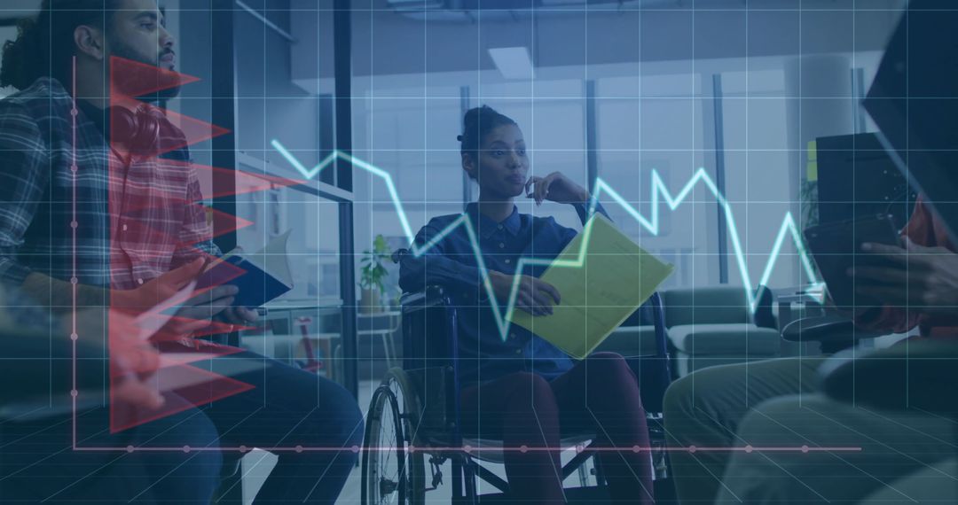 Diverse Team Discussing Trends with Digital Interface Overlay