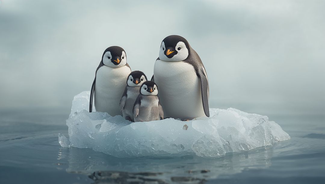 Emperor penguin family standing on floating ice floe with chicks and calm ocean reflection