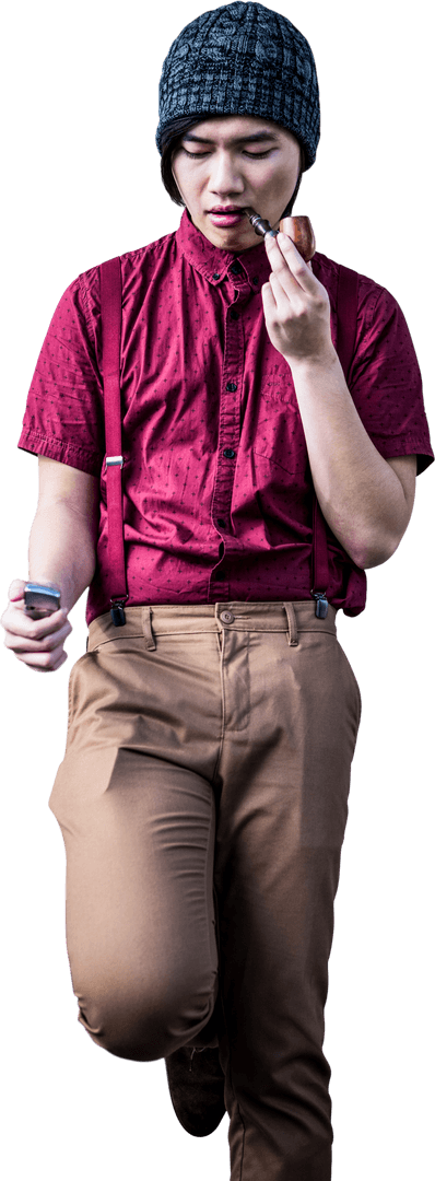 Contemplative Hipster Lighting Pipe On Transparent Background
