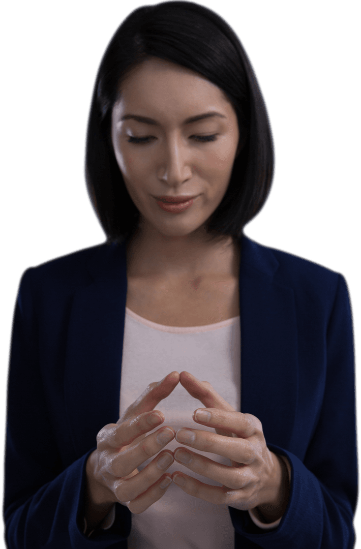 Businesswoman Holding Transparent Object in Contemplative Pose
