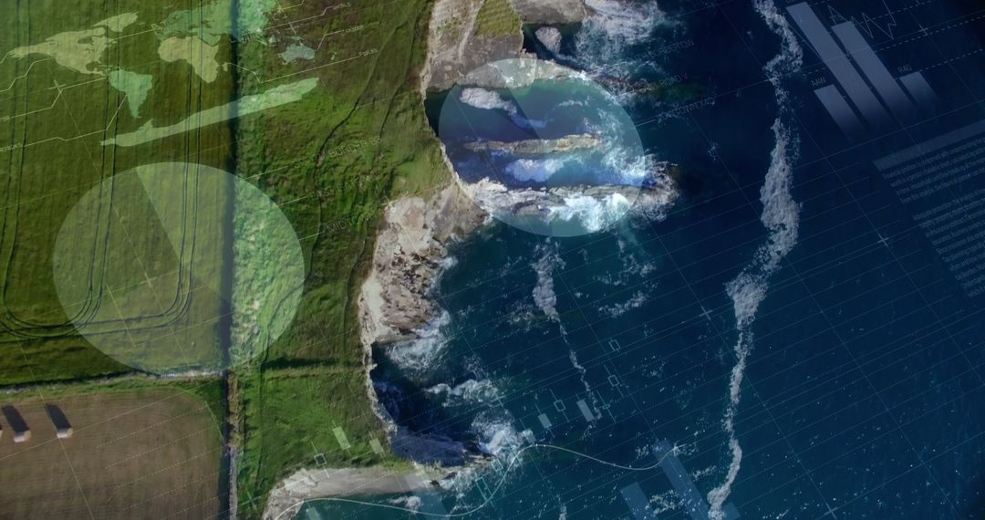 Aerial Coastline with Overlaid Data Analytics Graphics