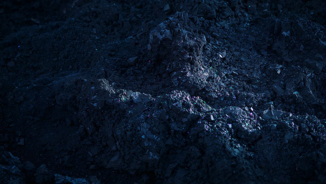 Midnight glowing gravel mound with blue-lit sparkling crystals and jagged rocky texture