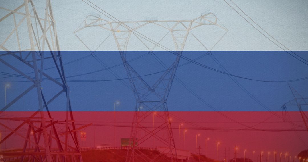 Russian Flag Overlay on Electricity Poles at Sunset - Free Images, Stock Photos and Pictures on Pikwizard.com