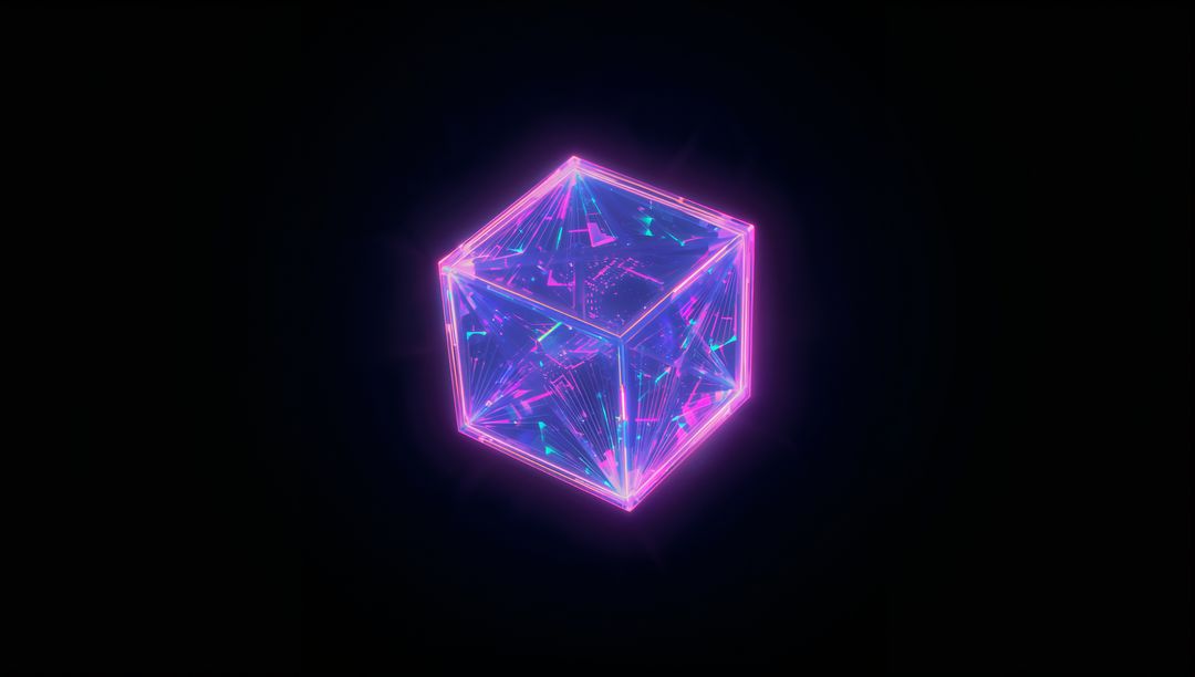 Neon Wireframe Cube with Swirling Particles in Digital Void