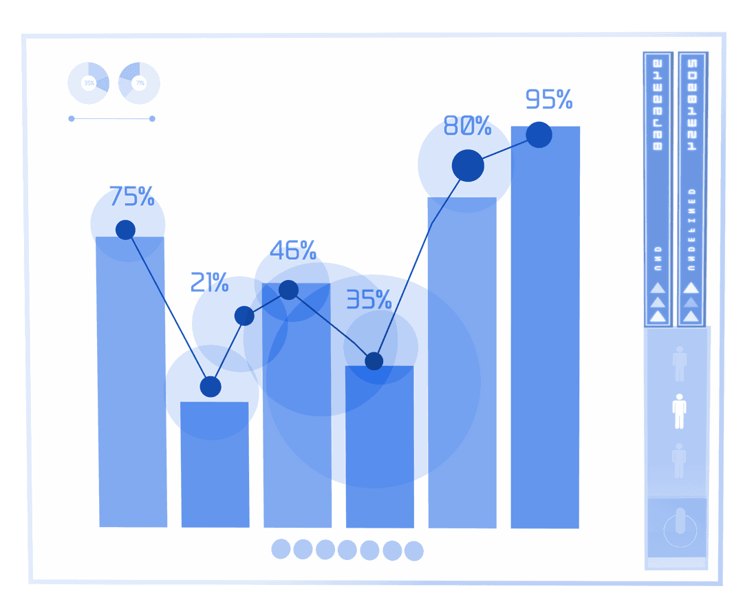Blue bar graph data visualization on transparent background