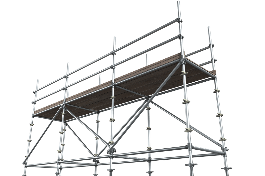 Transparent 3D Scaffolding with Wooden Plank Construction Background