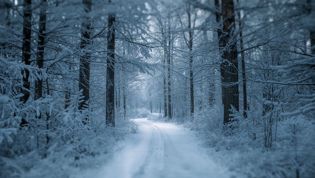 Enchanting Snow-Covered Trail Winding Through Serene Winter Forest