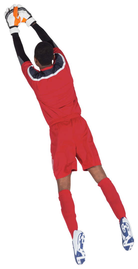 Transparent goalkeeper in red uniform making jumping save action - Download Free Stock Images Pikwizard.com