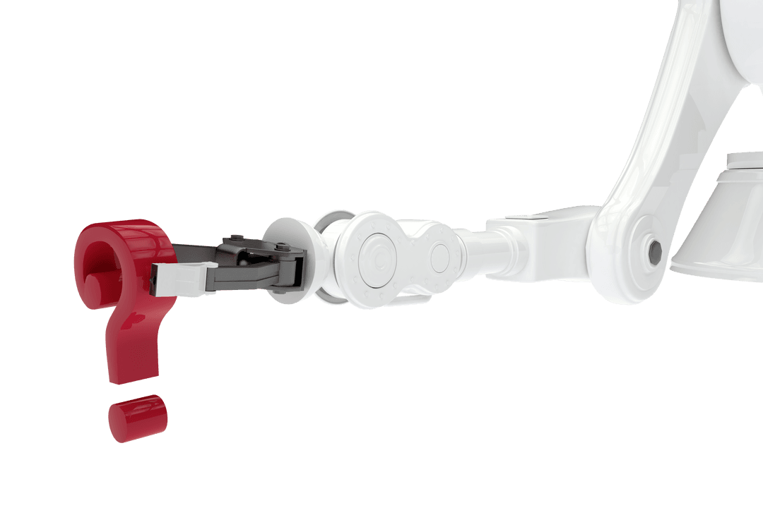Robotic Arm Holding Red Transparent Question Mark Symbol