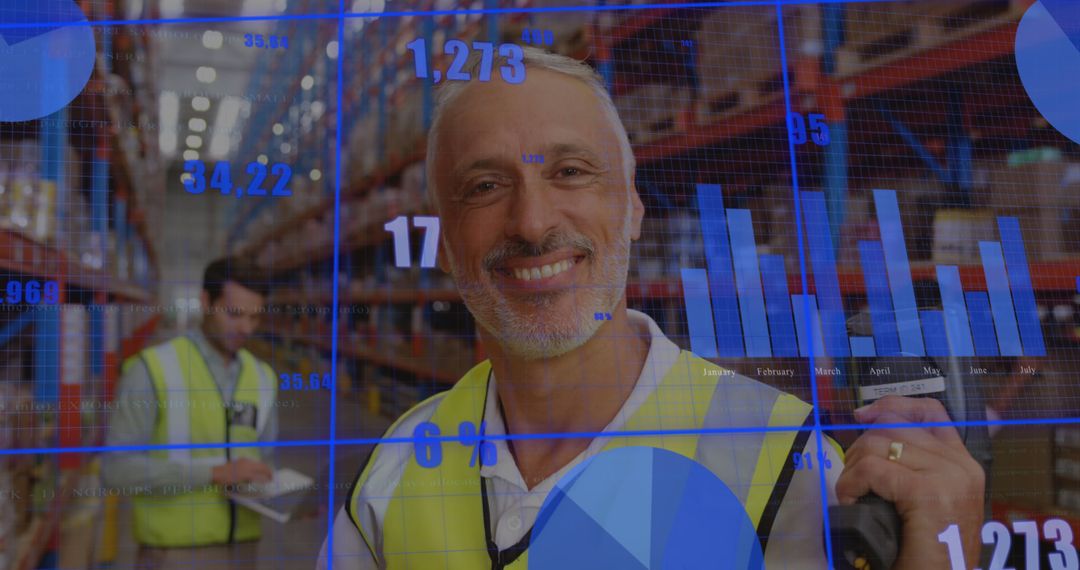 Smiling warehouse worker with data analysis overlay - Free Images, Stock Photos and Pictures on Pikwizard.com