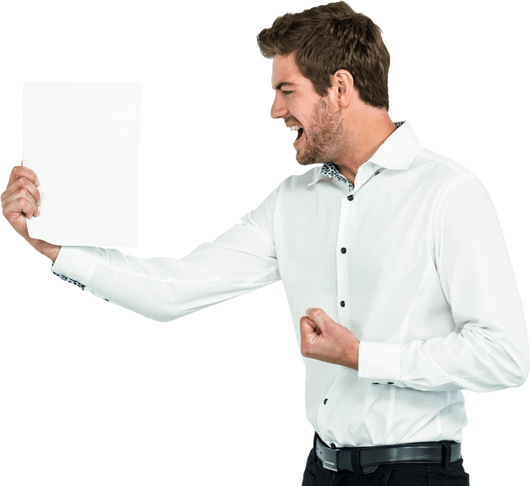 Excited Man Holding Paper Over White Transparent Background
