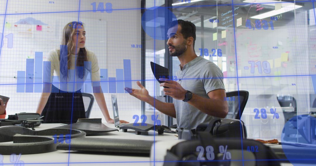 Data Analysis Meeting in Modern Office with Holographic Charts