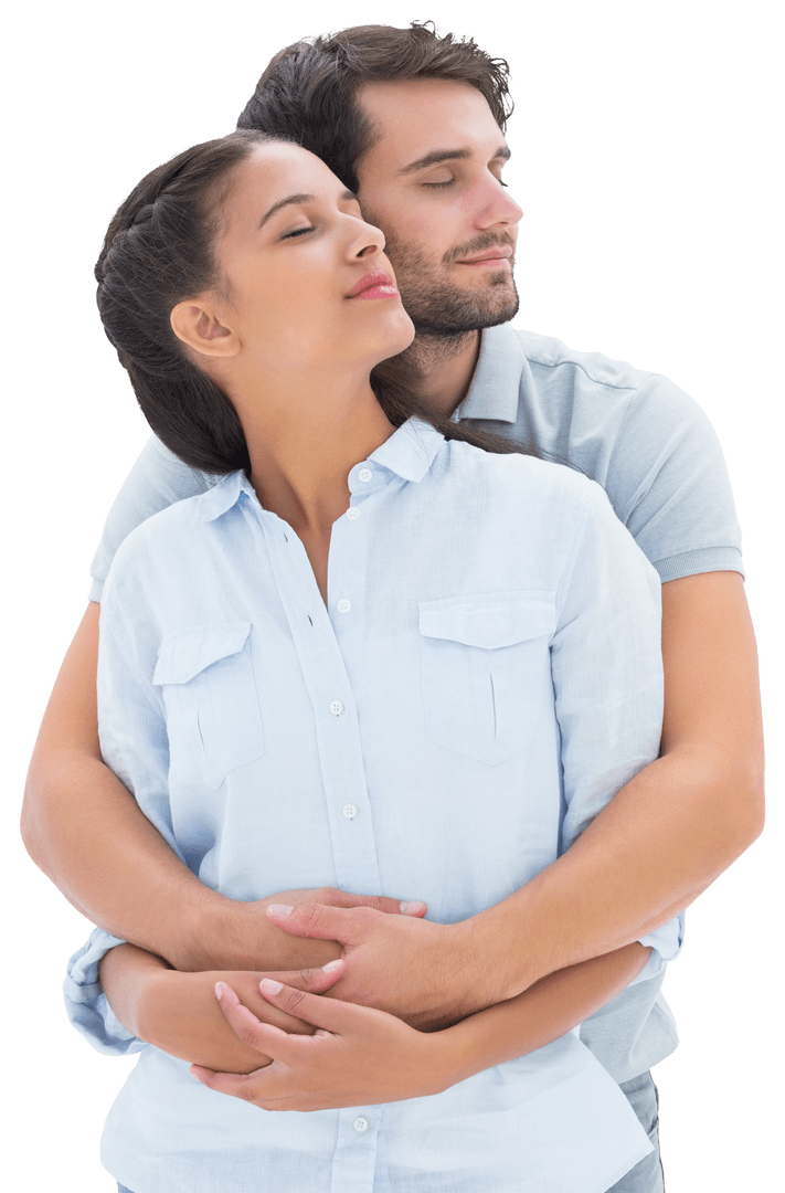 Transparent Couple Embracing Eyes Closed in Serenity