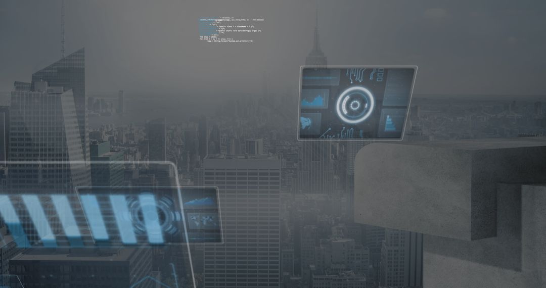 Modern Data Analytics Screens Overlooking Urban Landscape