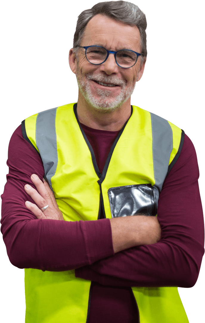 Senior Man Wearing Transparent Reflective Vest with Arms Crossed