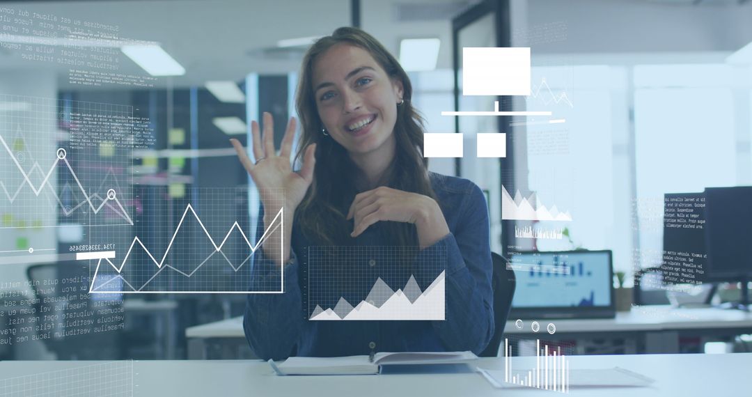 Businesswoman Interacting with Data Graphics in Modern Office