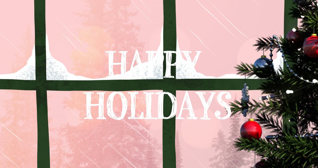 Festive Text Overlay with Christmas Tree and Snowy Window