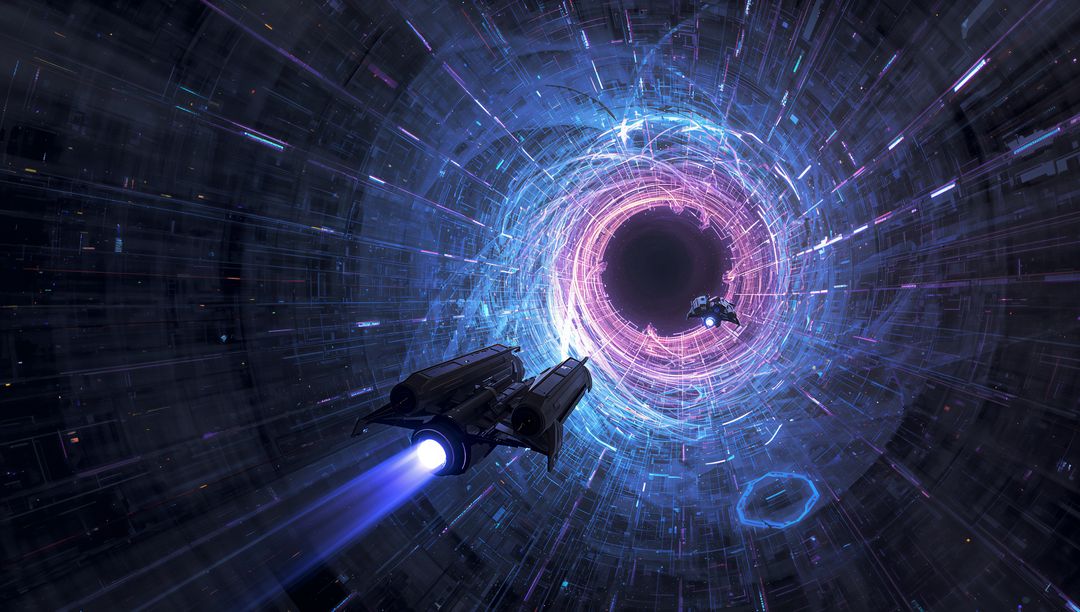 Futuristic Spaceship Navigating Neon Vortex Tunnel